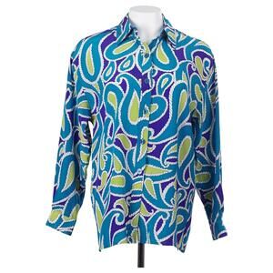 DIANE VON FURSTENBERG Vintage Top S Silk Print Button Up Long Sleeve Blouse